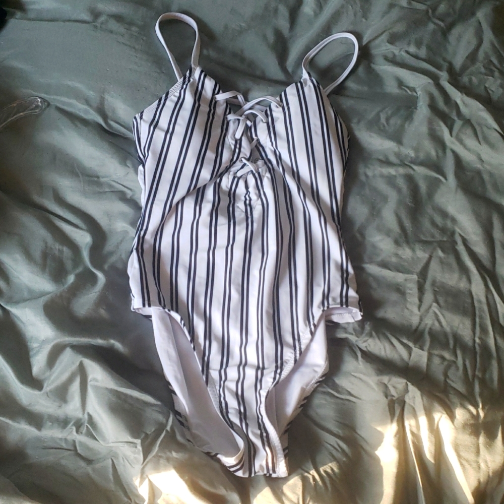 Nautica Black and white striped one piece swimsuit